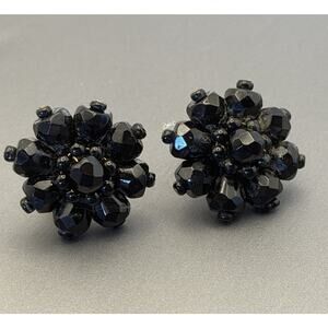 Vintage West Germany Faceted Jet Black Bead Cluster Clip Earrings